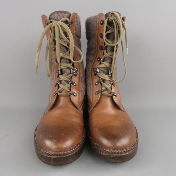 LANVIN Size 7 Brown  Leather & Textured Lace Mid Calf Combat Boots main image 5